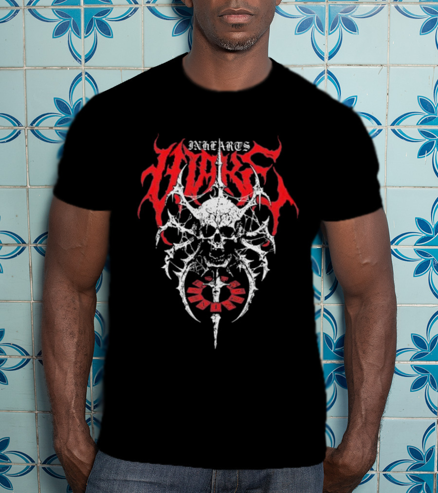 In Hearts Wake Skeletal Skull Red Text T-Shirt