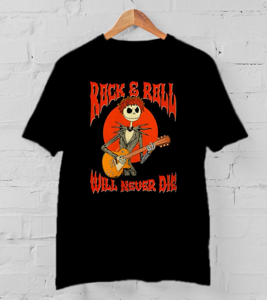 Rock And Roll Will Never Die Jack Skellington Playing Guitar T-Shirt