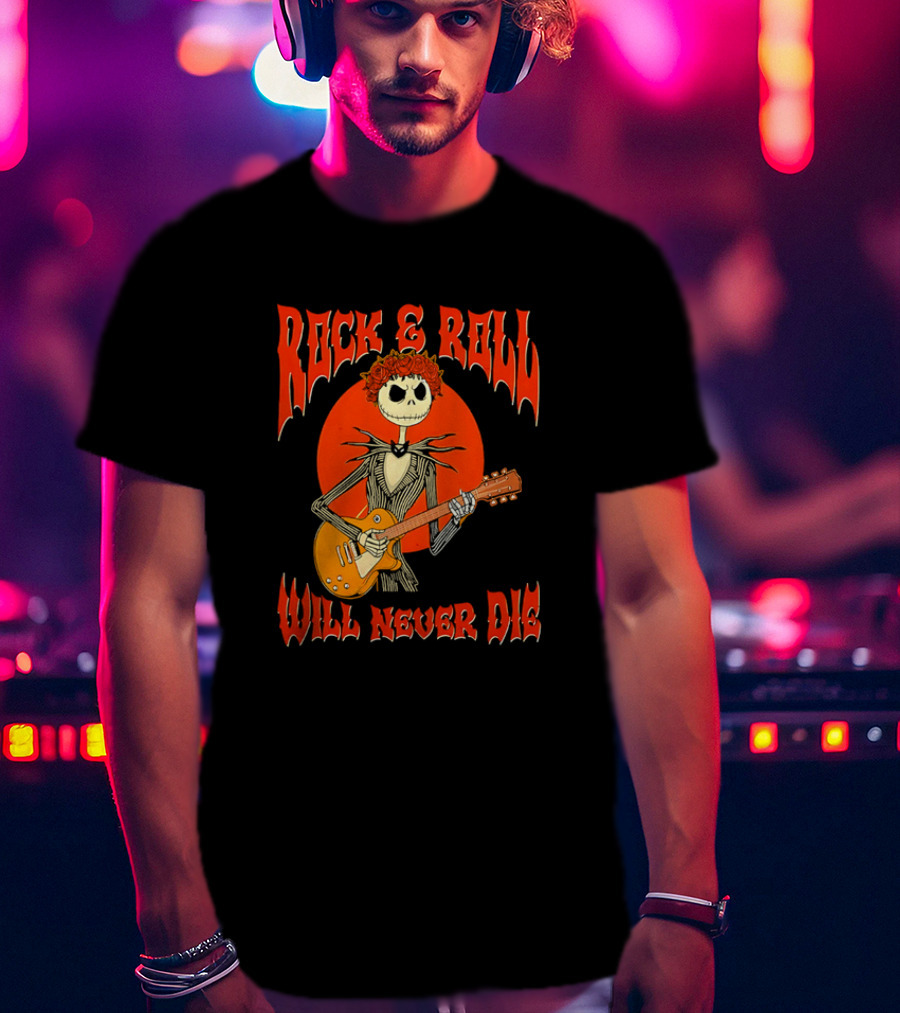 Rock And Roll Will Never Die Jack Skellington Playing Guitar T-Shirt