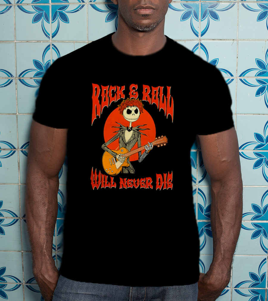 Rock And Roll Will Never Die Jack Skellington Playing Guitar T-Shirt
