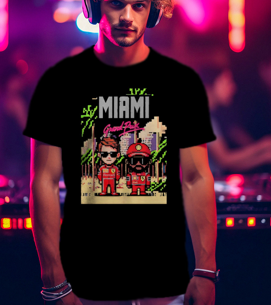 Lewis Hamilton Charles Leclerc Ferrari Team Pixel Style Miami Grand Prix 2025 T-Shirt