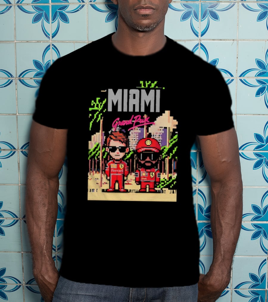Lewis Hamilton Charles Leclerc Ferrari Team Pixel Style Miami Grand Prix 2025 T-Shirt