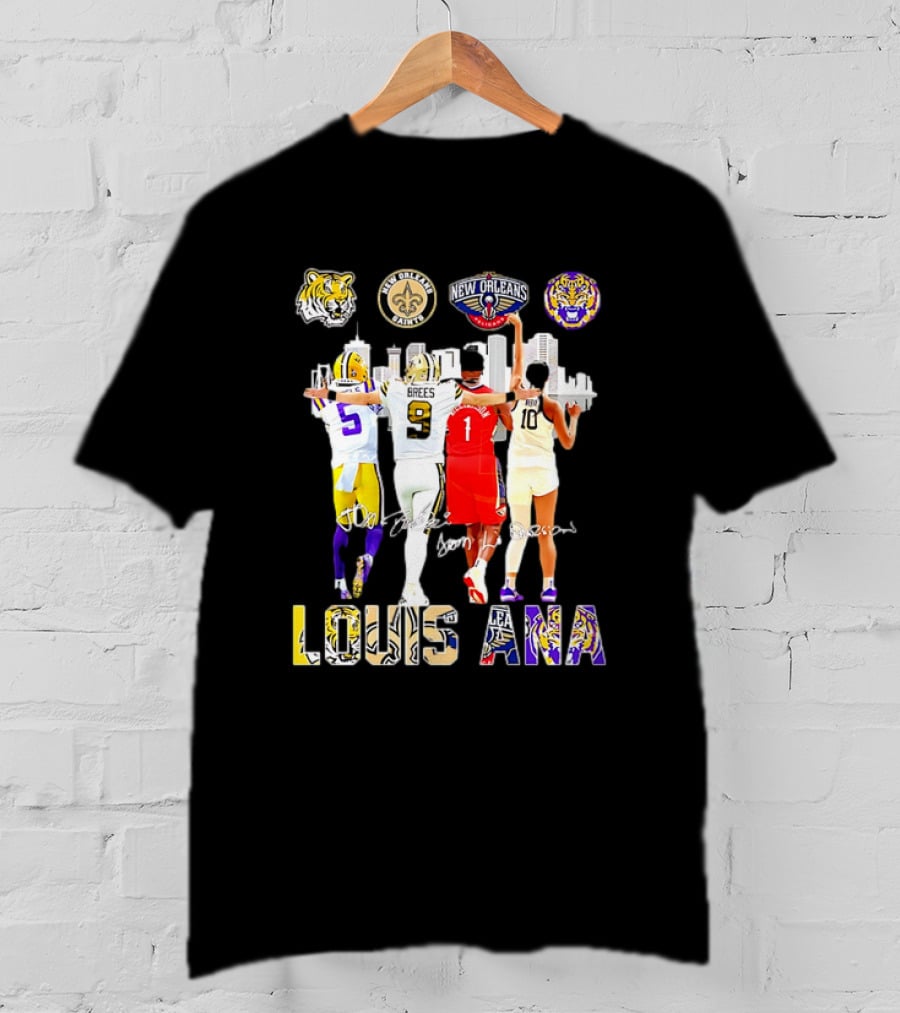 Louisiana Sports Teams 2025 Signatures Skyline Drew Brees Tiger Saint Pelican LSU T-Shirt