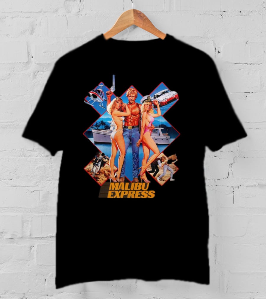 Malibu Express Action Movie 1985 Art With Yacht And Helicopter T-Shirt