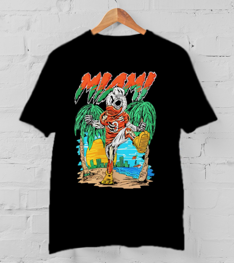 Miami Hurricanes Sebastian The Ibis Palm Trees Cityscape Sunrise T-Shirt