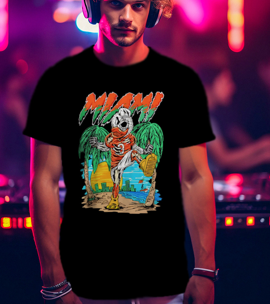Miami Hurricanes Sebastian The Ibis Palm Trees Cityscape Sunrise T-Shirt
