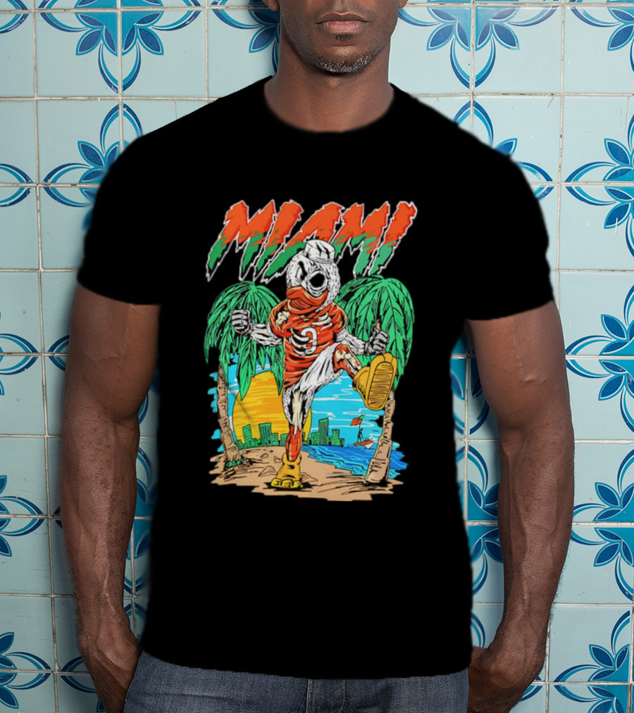 Miami Hurricanes Sebastian The Ibis Palm Trees Cityscape Sunrise T-Shirt