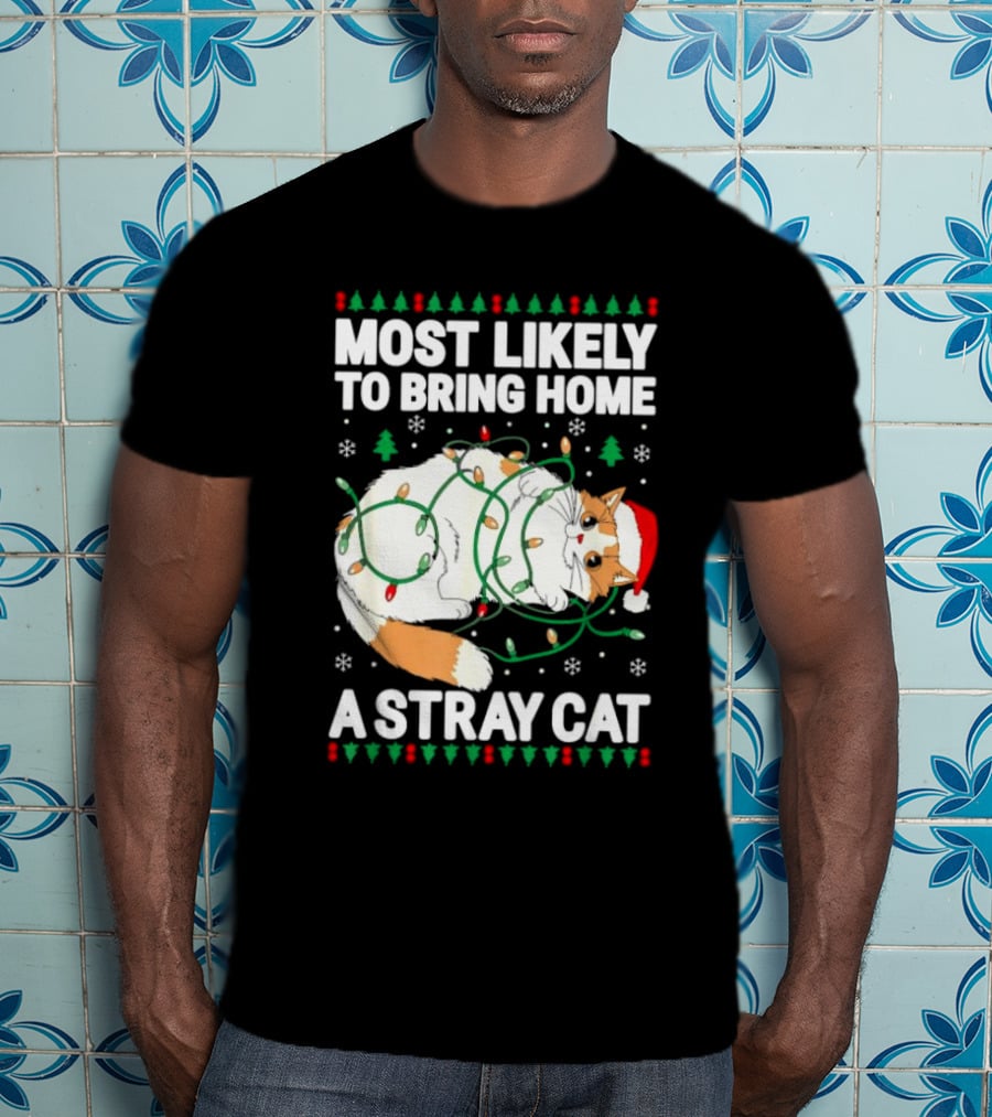 Most Likely To Bring Home A Stray Cat Christmas Lights Santa Hat Festive Holiday Cat T-Shirt