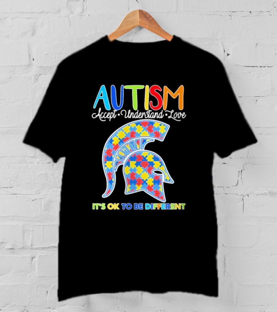 Autism Accept Understand Love It's OK To Be Different Puzzle Pattern Spartan Helmet T-Shirt