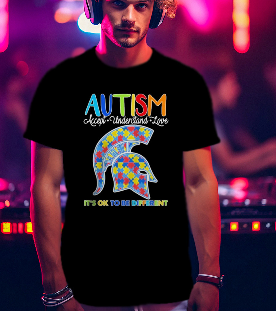 Autism Accept Understand Love It's OK To Be Different Puzzle Pattern Spartan Helmet T-Shirt