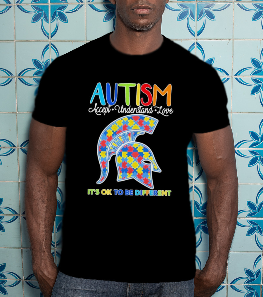 Autism Accept Understand Love It's OK To Be Different Puzzle Pattern Spartan Helmet T-Shirt