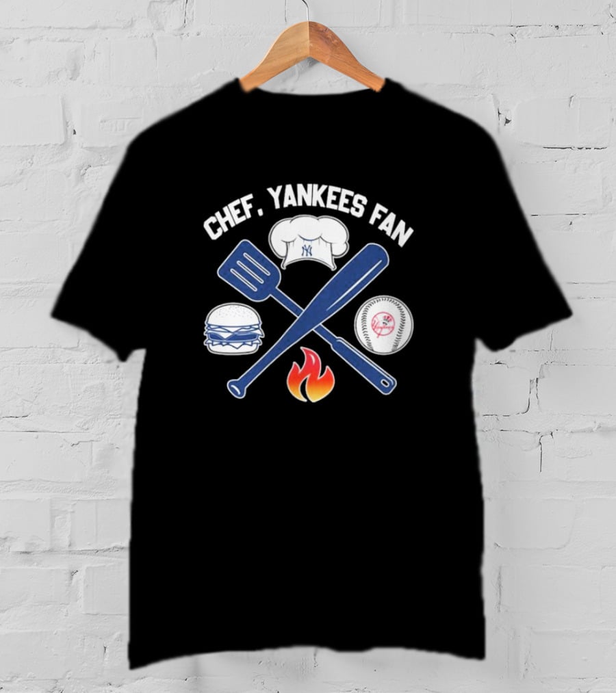 Chef Yankees Fan Hamburgers BBQ Baseball Cap Crossed Spatula Bat Fire Icon T-Shirt