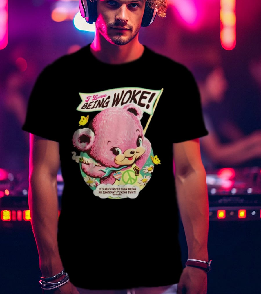 I Love Being Woke Cute Pink Bear Peace Symbol Butterflies T-Shirt