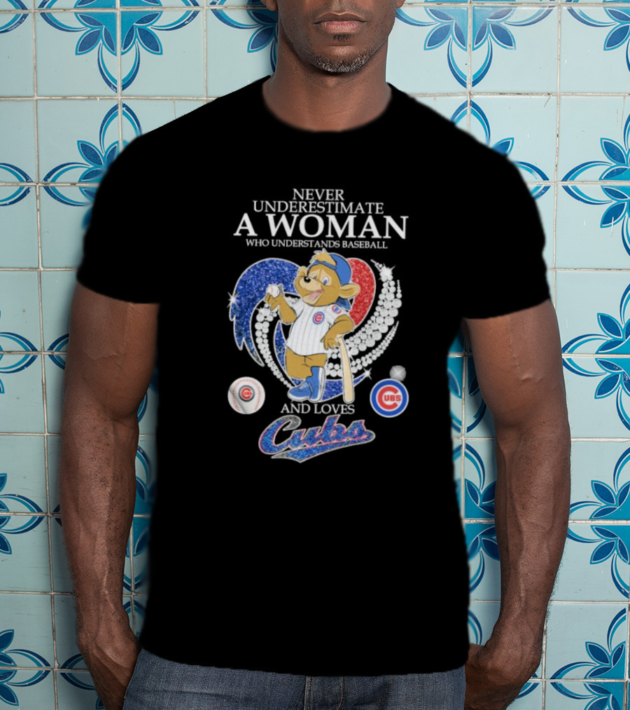 Never Underestimate A Woman Who Understands Baseball And Loves Cubs Chicago Mascot Clark Diamond Heart T-Shirt