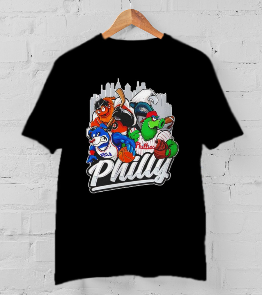 Philly Sports Mascots Basketball Baseball Hockey City Skyline T-Shirt
