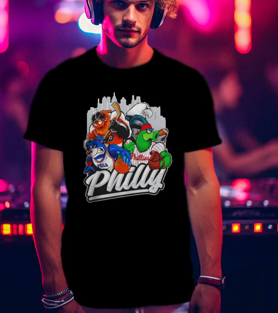 Philly Sports Mascots Basketball Baseball Hockey City Skyline T-Shirt