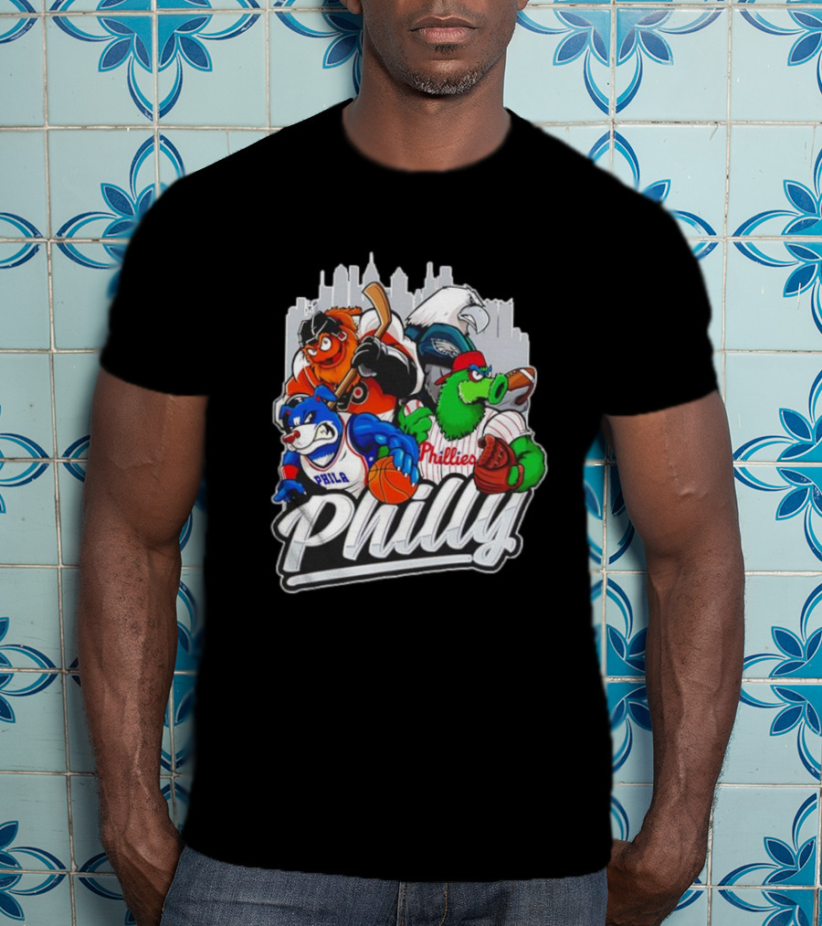 Philly Sports Mascots Basketball Baseball Hockey City Skyline T-Shirt