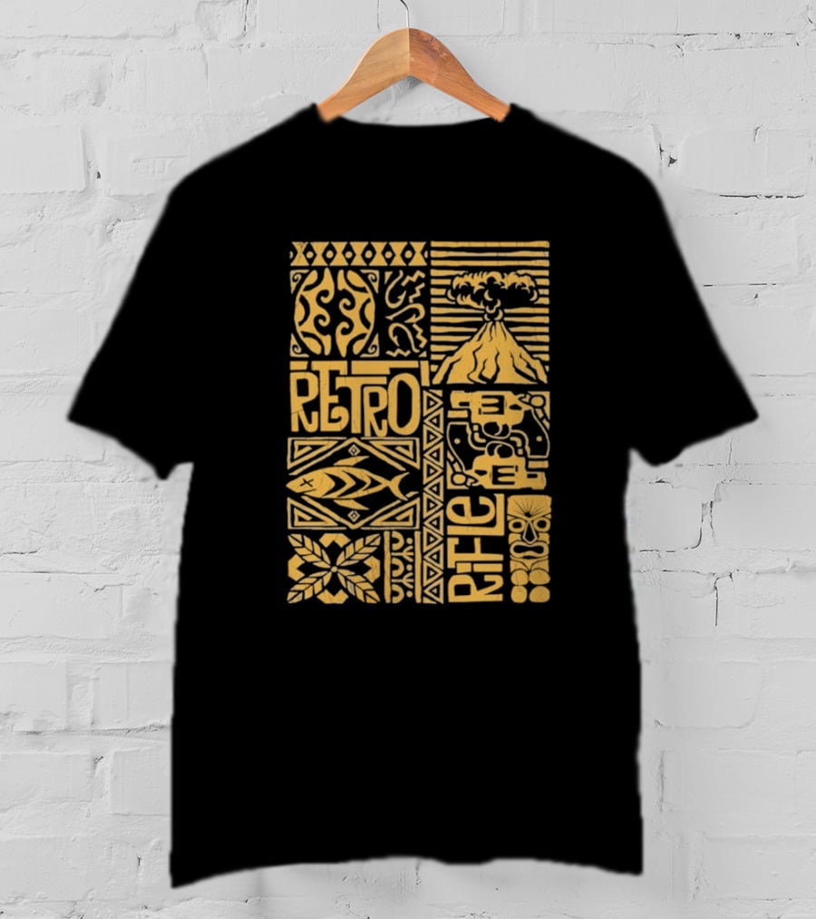 Retro Rifle Lei Em Down Pacific Island Tiki Volcano Palm Tree Ocean Waves Design T-Shirt