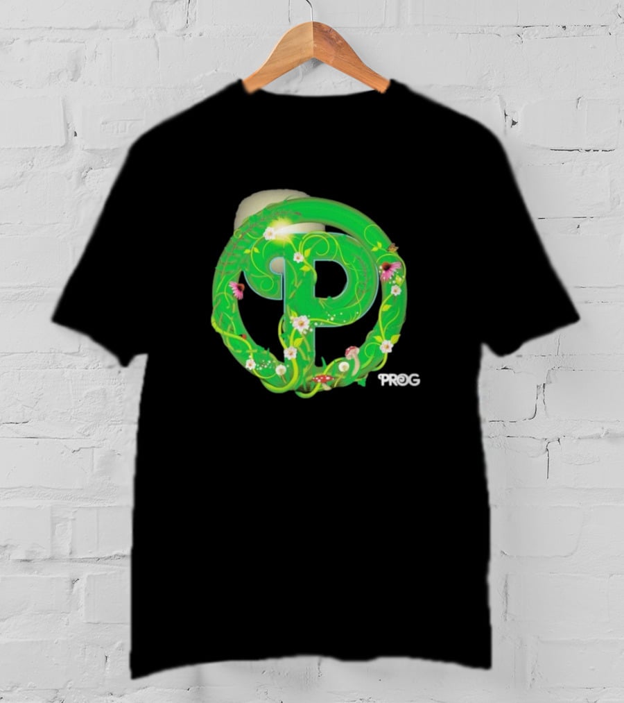 Prog Green Nature-Inspired Letter P With Flowers And Mushrooms T-Shirt