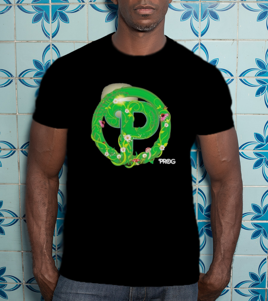 Prog Green Nature-Inspired Letter P With Flowers And Mushrooms T-Shirt