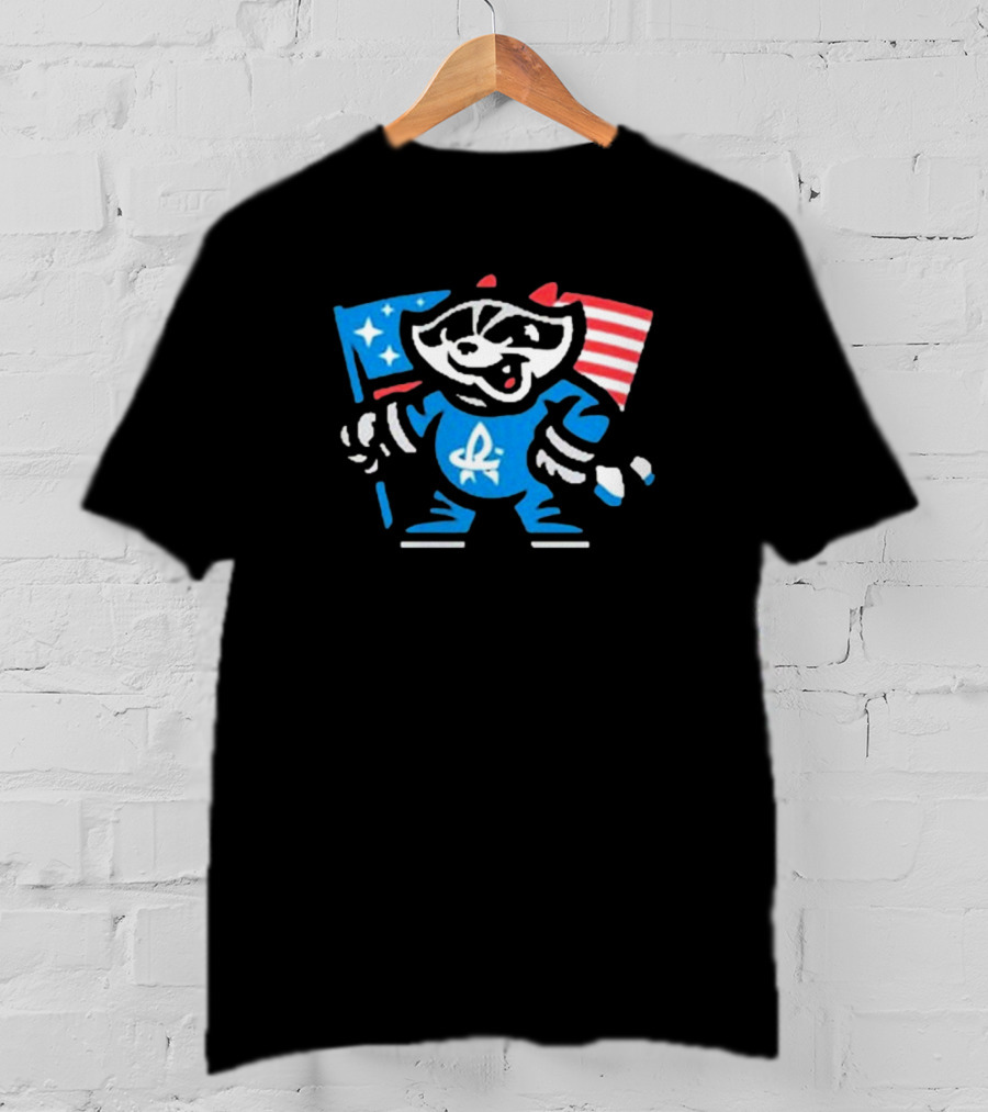 Rocket City Trash Pandas Mascot Holding American Flag And Rocket Logo T-Shirt