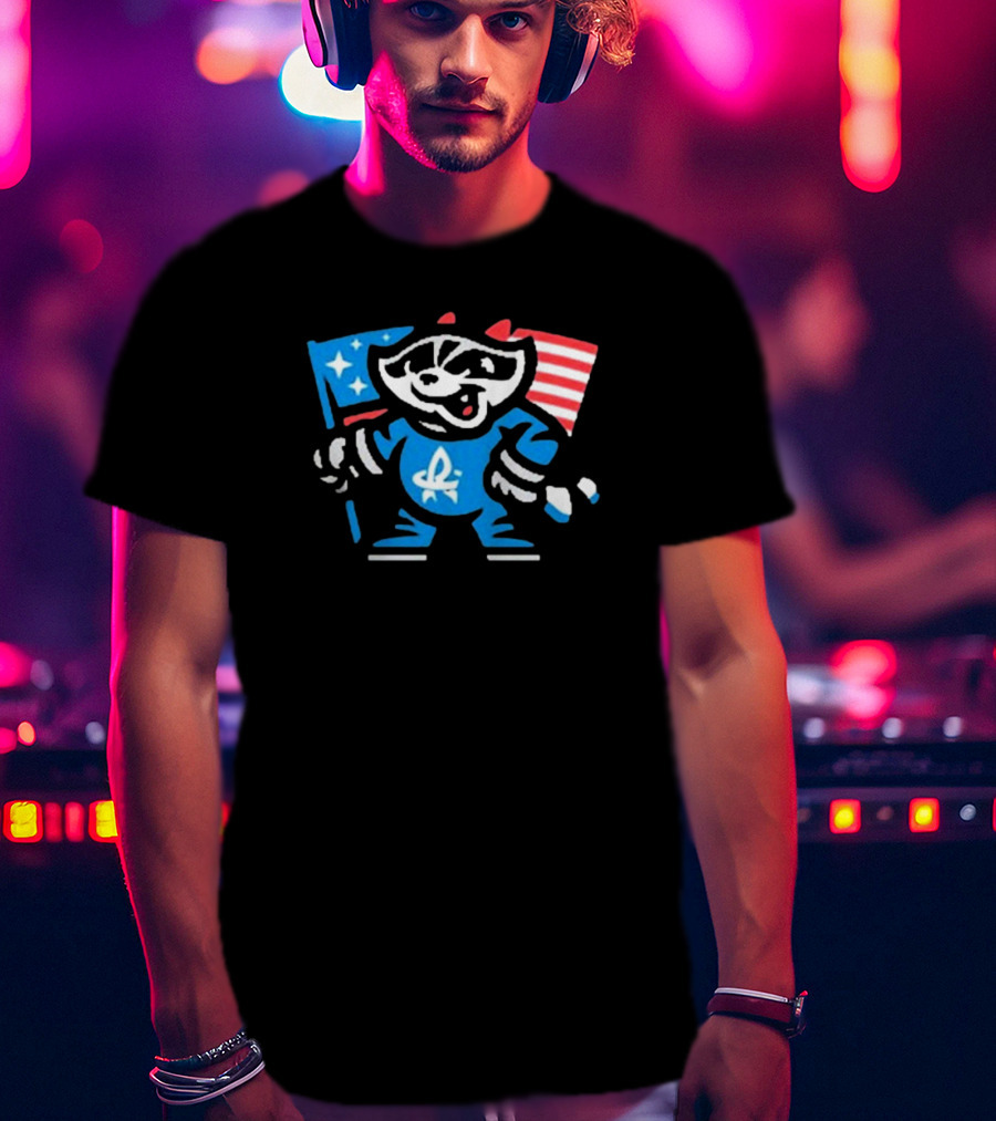 Rocket City Trash Pandas Mascot Holding American Flag And Rocket Logo T-Shirt