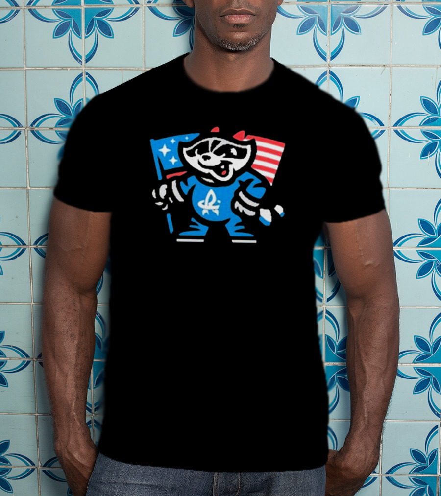 Rocket City Trash Pandas Mascot Holding American Flag And Rocket Logo T-Shirt