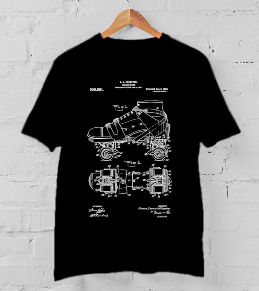 Roller Skate Patent Drawing With Adjustable Shoe Mechanism And Wheel Assembly T-Shirt