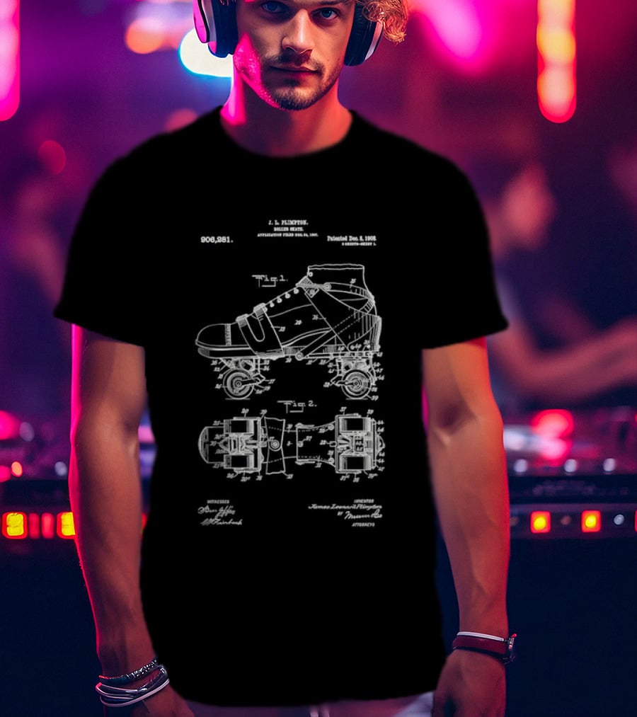Roller Skate Patent Drawing With Adjustable Shoe Mechanism And Wheel Assembly T-Shirt