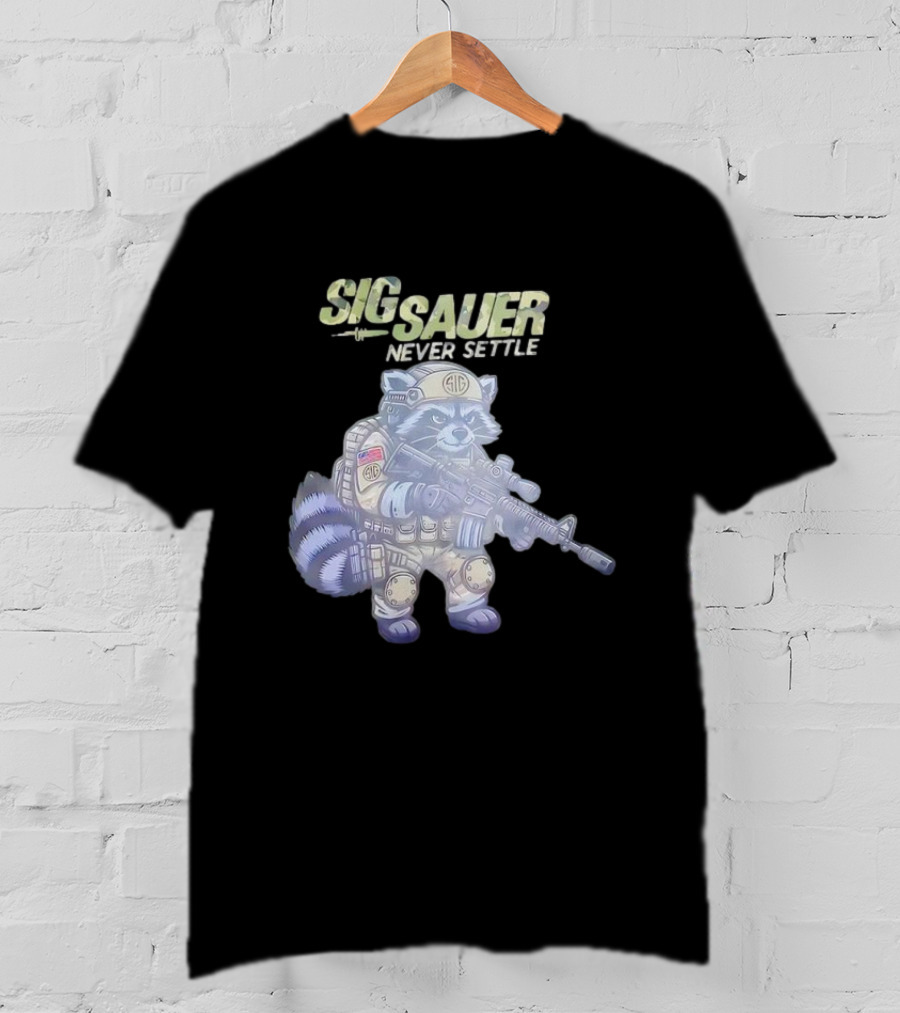 Raccoon Soldier Sig Sauer Never Settle Tactical Gear T-Shirt