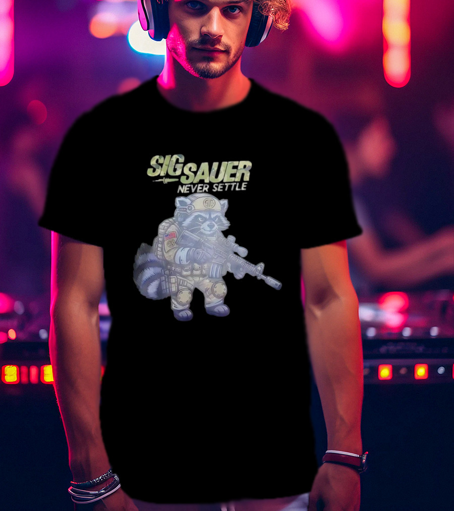 Raccoon Soldier Sig Sauer Never Settle Tactical Gear T-Shirt