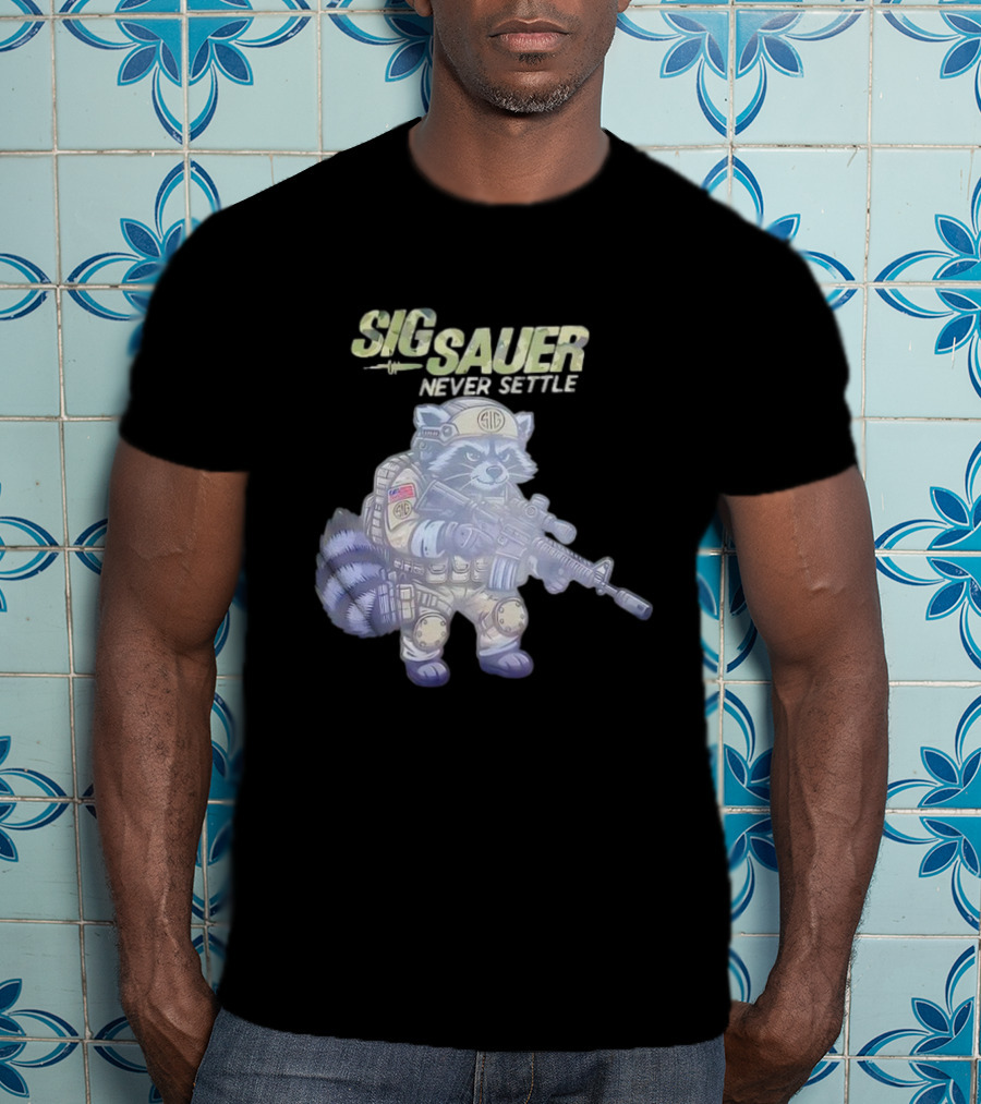 Raccoon Soldier Sig Sauer Never Settle Tactical Gear T-Shirt