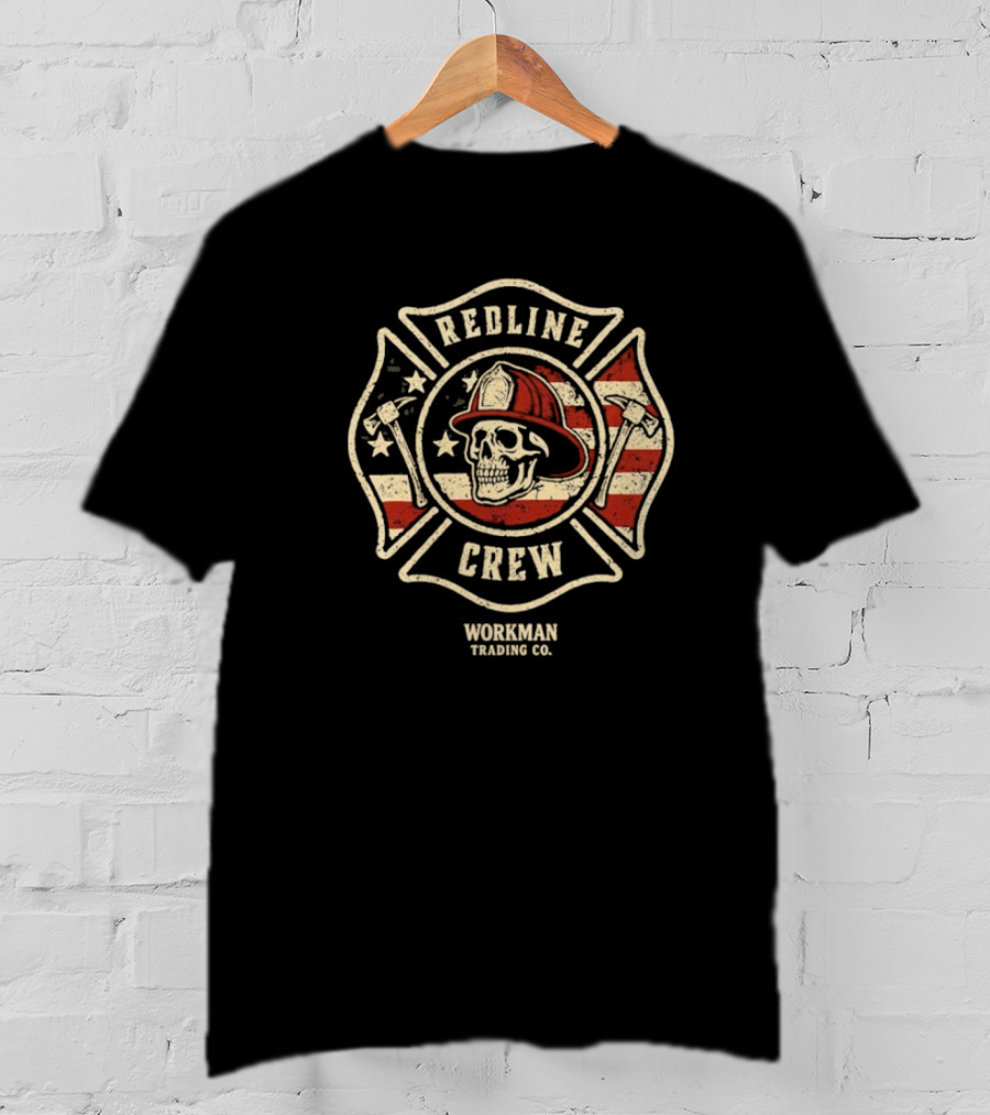 Redline Crew Workman Trading Co Skull Firefighter American Flag T-Shirt
