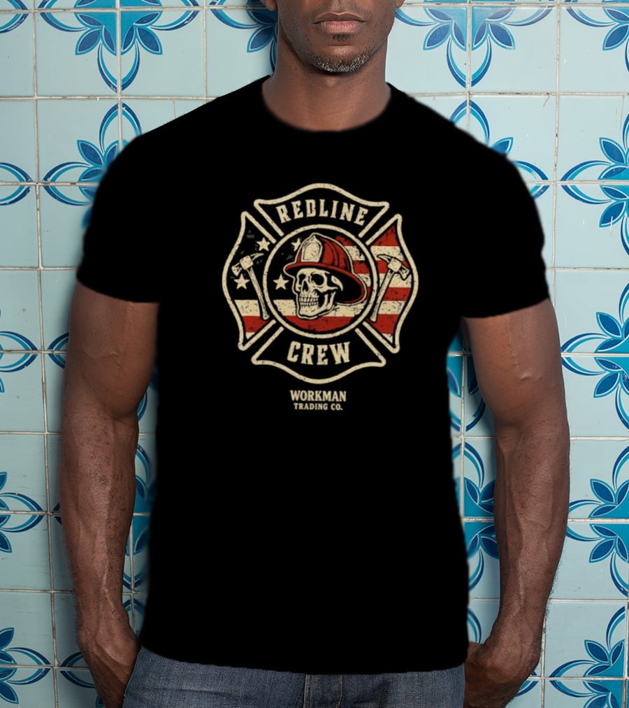 Redline Crew Workman Trading Co Skull Firefighter American Flag T-Shirt