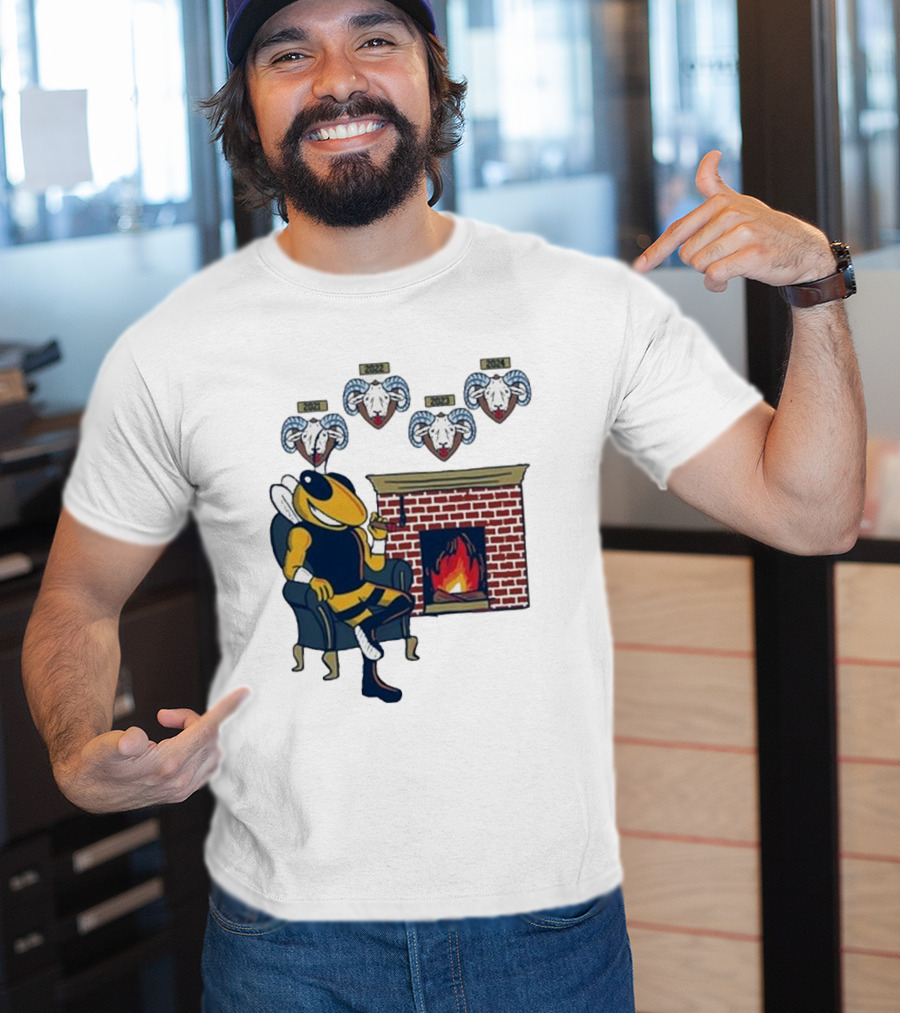 GT Mantel Pocket Yellow Jacket By Fireplace With Ram Trophies T-Shirt