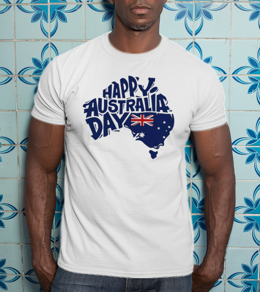 Happy Australia Day Map With Flag Inside Text T-Shirt