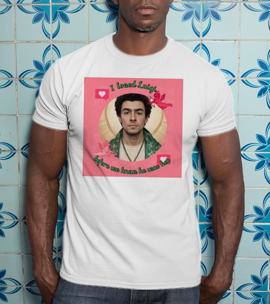 I Loved Luigi Before We Knew He Was Hot Pink Background Heart And Cupid Design T-Shirt