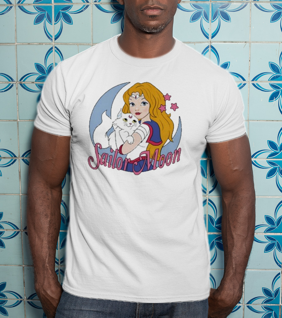 Sailor Moon Holding White Cat With Stars T-Shirt