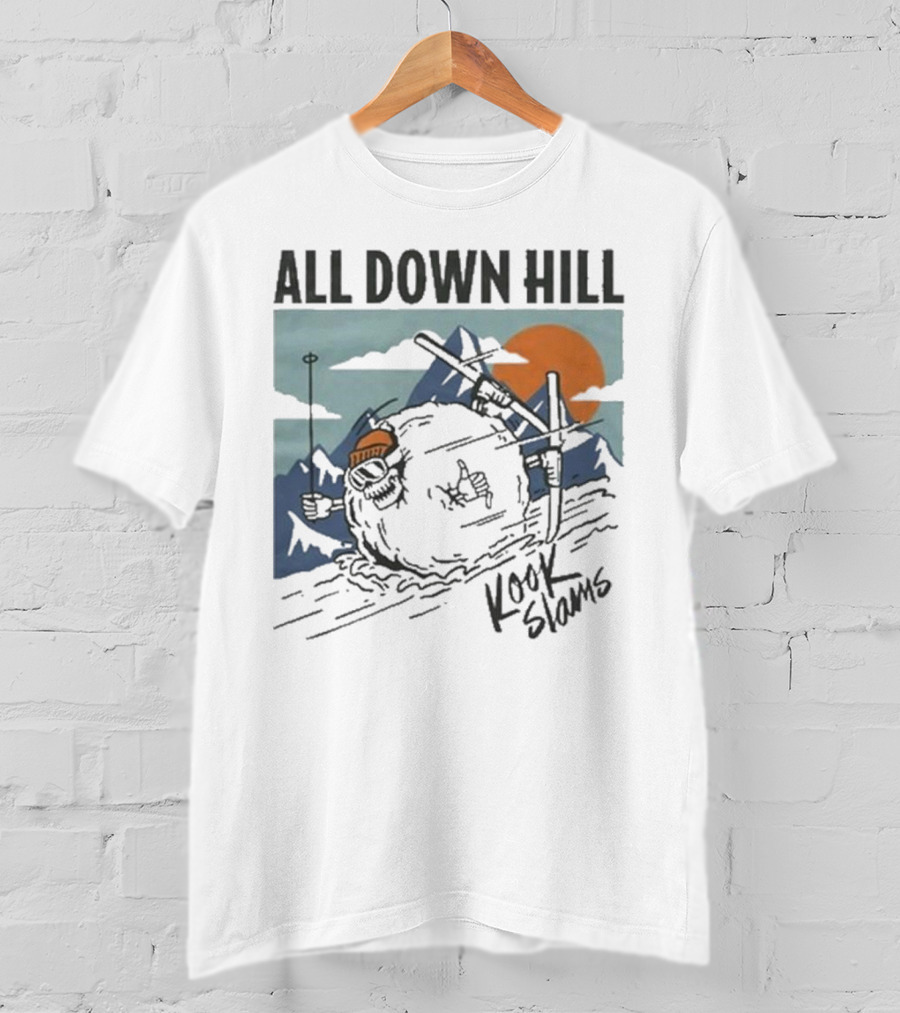 Kook Slams All Down Hill Skiing Adventure Orange Sunset Rugged Mountains T-Shirt