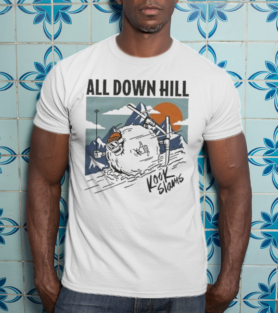 Kook Slams All Down Hill Skiing Adventure Orange Sunset Rugged Mountains T-Shirt