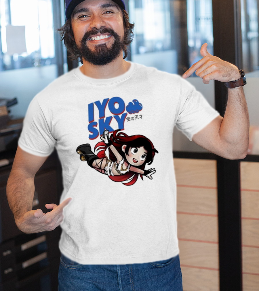 Iyo Sky Anime Character With Red And Black Hair Floating In The Clouds T-Shirt