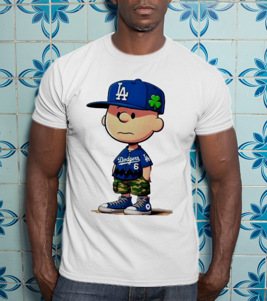 Los Angeles Dodgers Charlie Brown St. Patrick's Day LA Hat Clover Dodgers 6 Jersey T-Shirt