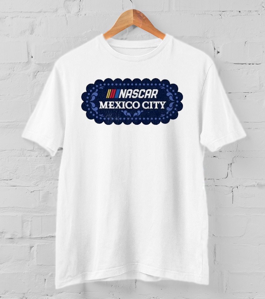NASCAR Mexico City Scalloped Emblem With Colorful Stripes On Blue Background T-Shirt