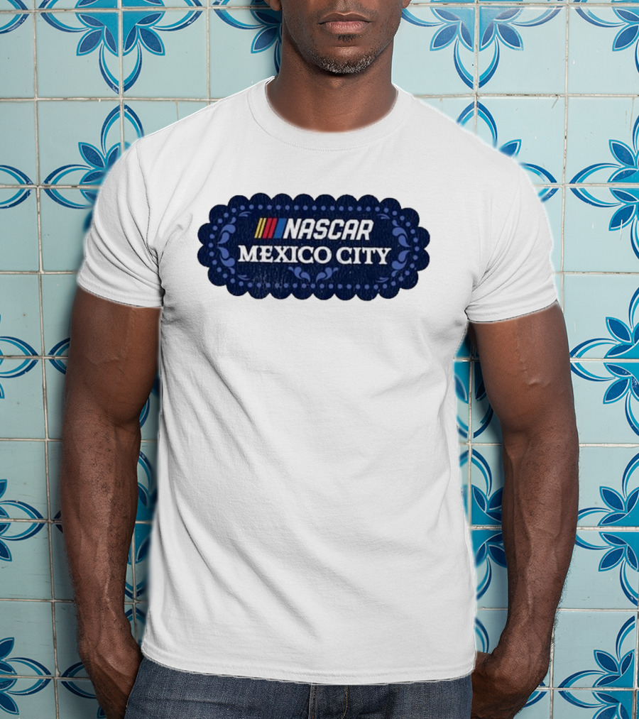 NASCAR Mexico City Scalloped Emblem With Colorful Stripes On Blue Background T-Shirt