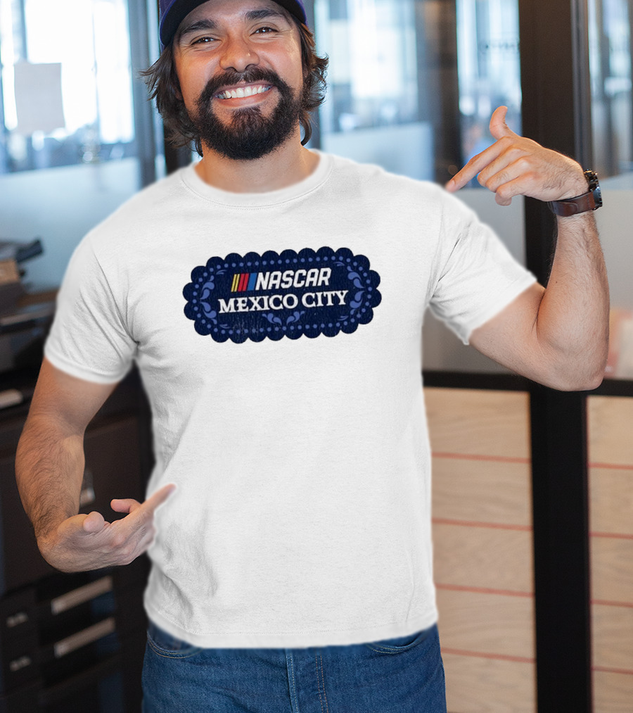 NASCAR Mexico City Scalloped Emblem With Colorful Stripes On Blue Background T-Shirt