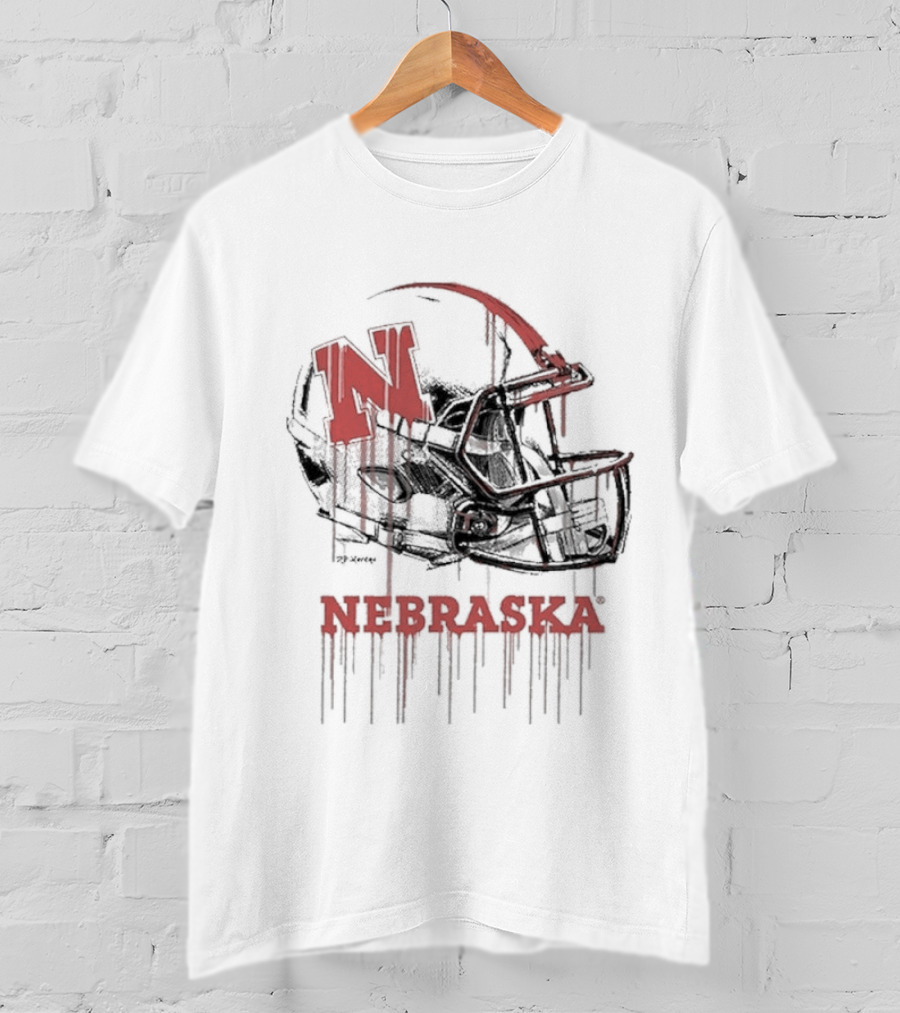 Nebraska Huskers N Dripping Football Helmet T-Shirt