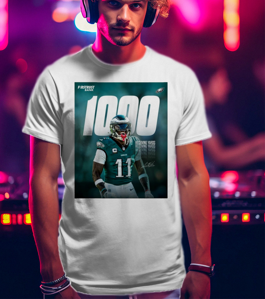 Philadelphia Eagles A.J. Brown 1000 Receiving Yards Signature Fly Eagles Fly NFL T-Shirt