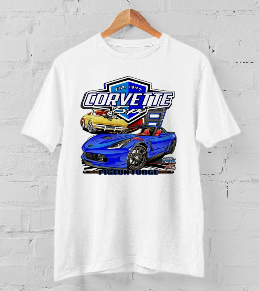 Corvette Expo Pigeon Forge 1977 Blue And Yellow Cars Cruise The Smokies T-Shirt