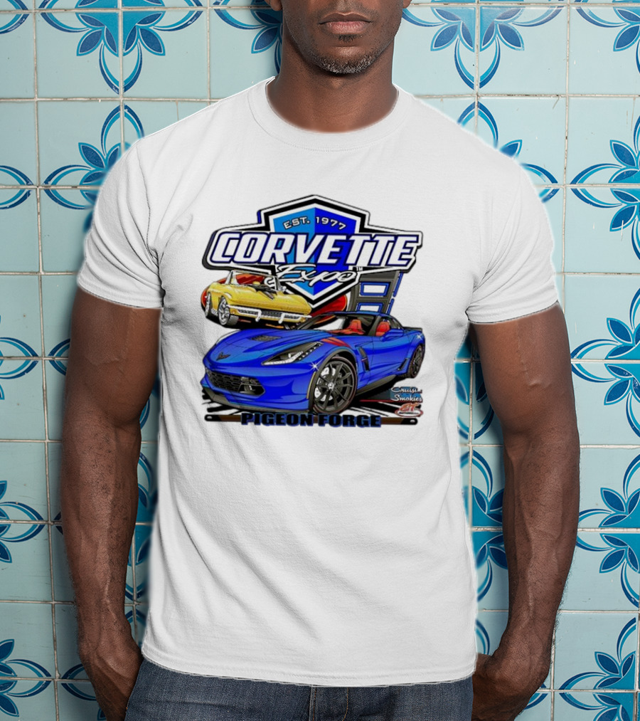 Corvette Expo Pigeon Forge 1977 Blue And Yellow Cars Cruise The Smokies T-Shirt