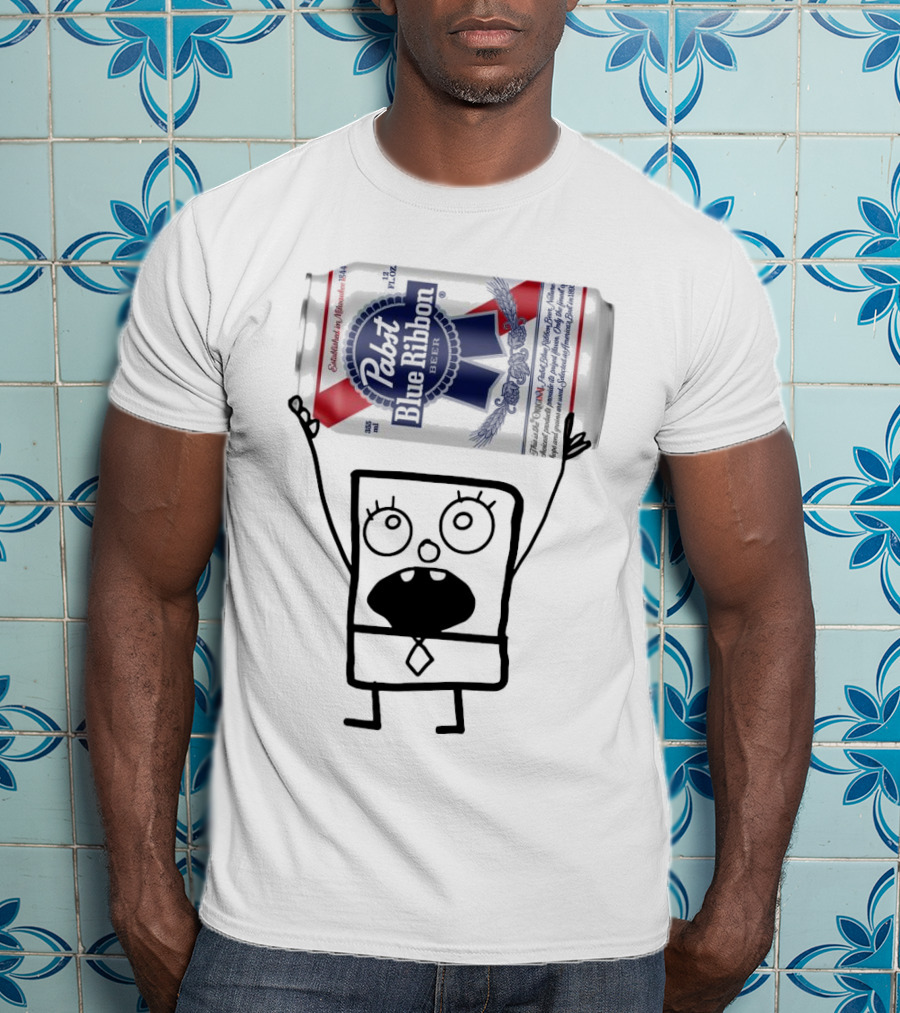 Pabst Blue Ribbon Doodlebob SpongeBob SquarePants Canned Beer Character T-Shirt